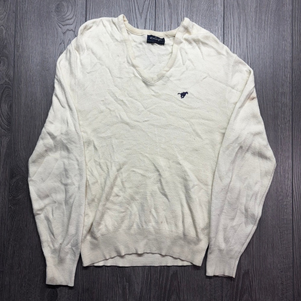Vintage Wrangler Mens V-Neck Sweater Cream Horse Logo Made in USA Size M